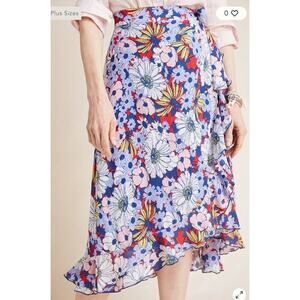 Anthropologie Maeve Sybil Wrap Skirt Size XS Floral Tie‎ Waist Ruffle Hem Midi